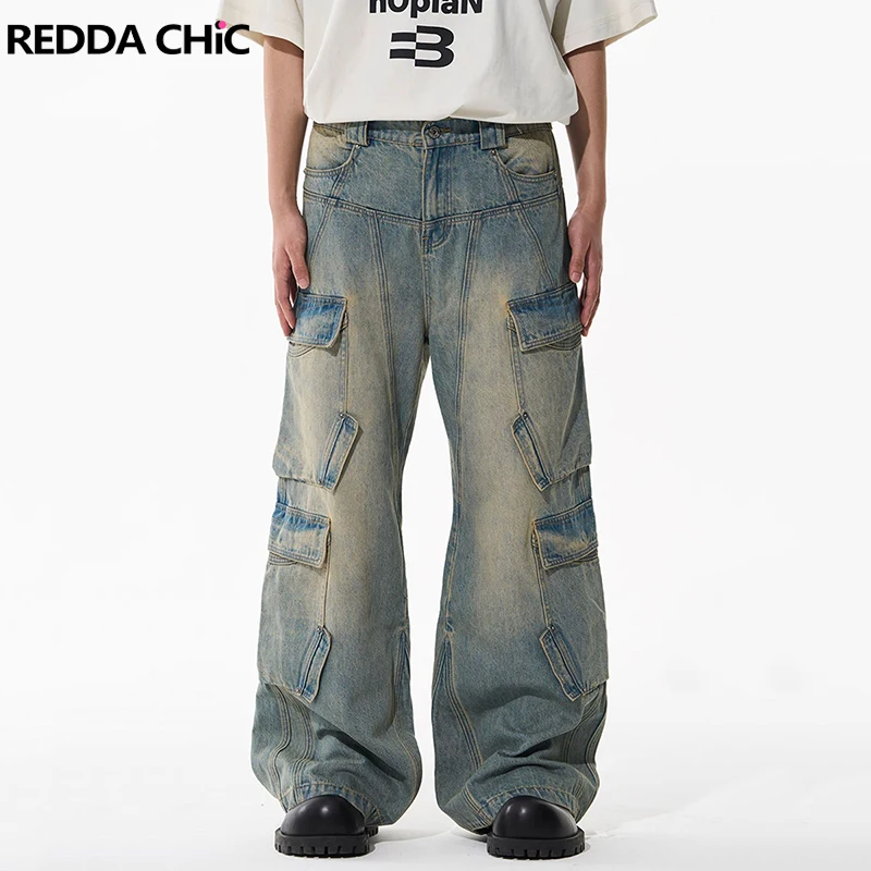 Reddachické patchwork vrecká Nákladné vrecká Dáli muži bieli modrý elastický pás 90. roky retro korčule široké nohavice y2k neformálne streetwear