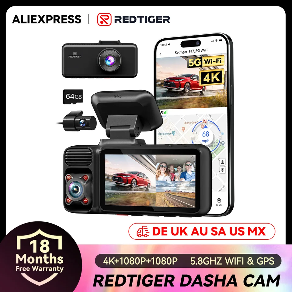 Redtiger F17 4K 3 automobilové fotoaparáty 5,8 GHz WiFi 3 Dash Camera pre IR Night Vision Car DVR pre WiFi Dash Camery vstavané GPS WDR US