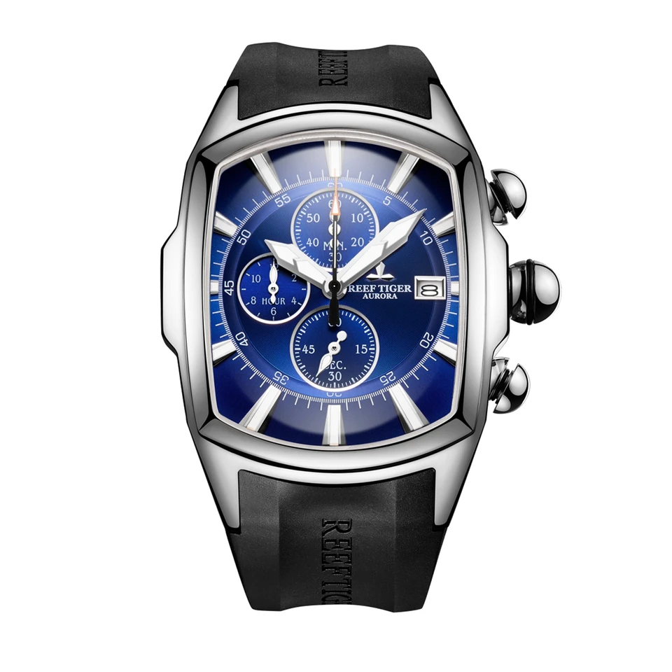 Reef Tiger Men Chronograph Watch 45mm Tonneau Military Quartz Wristwatch Sport Sport Sapphire Triple Windows Dátum RGA3069T