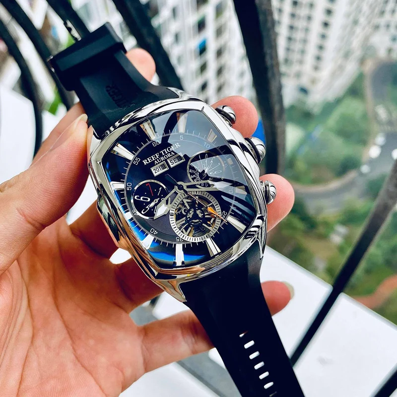 Reef Tiger/RT Designer Sport Watches s Tourbillon z nehrdzavejúcej ocele Gumber Blue Dial Automatické hodinky RGA3069