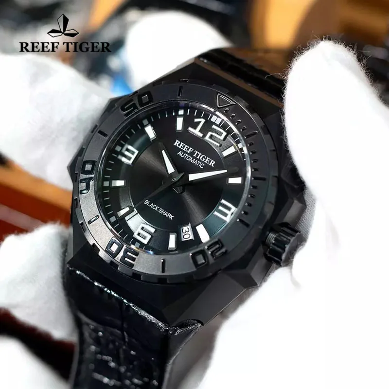 Reef Tiger/RT Men Športové hodinky Všetky čierne automatické mechanické hodinky kožené remienok 100 metrov vodotesné vojenské hodinky