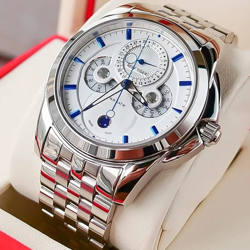 Reef Tiger/RT pre pánske hodinky Male Quartz Wristwatch Chronograph Sapphire Crystal Calendar Moon Fáza oceľ New Relogio Masculino