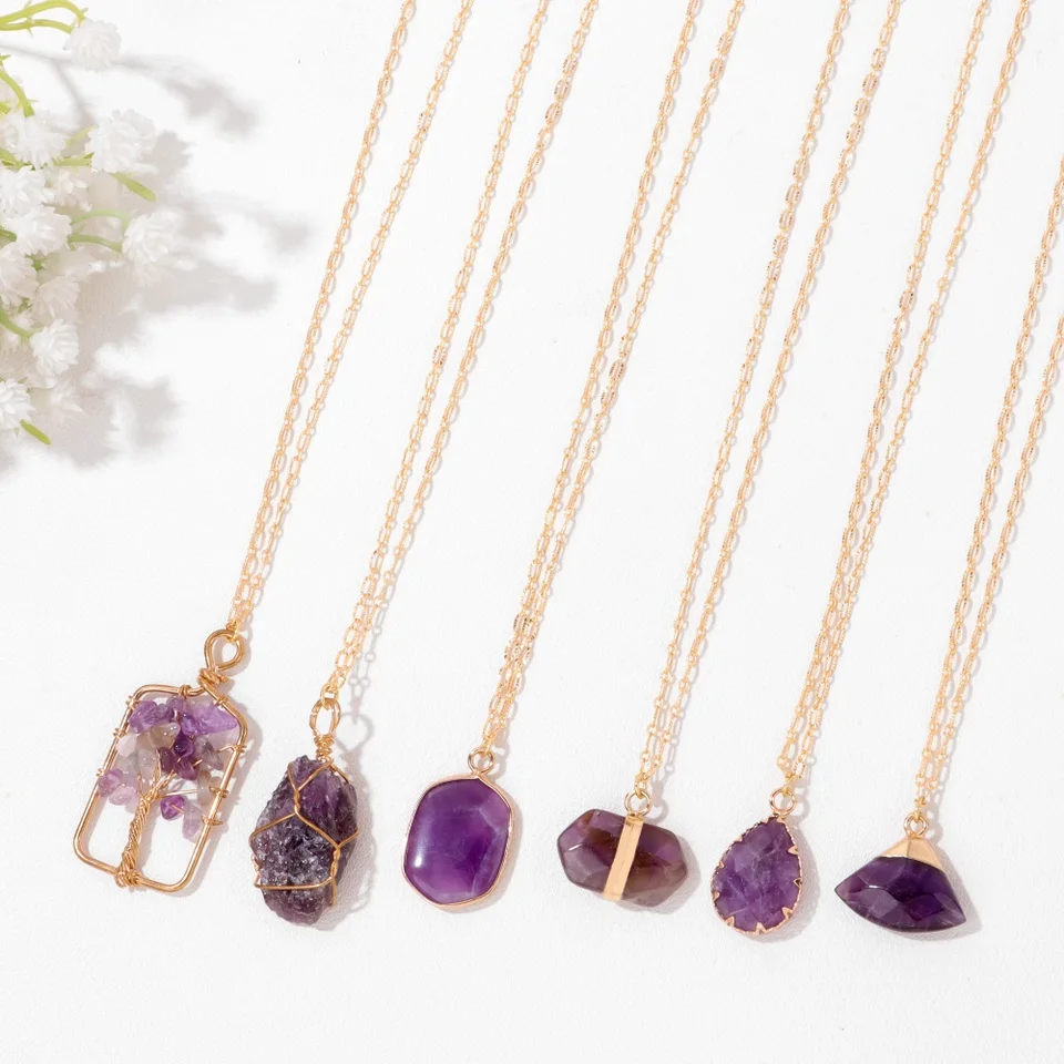 Reiki prírodné ametysty voda kvapka voda šesťuholníkový strom života Prívesky Náhrdelníky Zlato farebná reťazová reťazová reťazová reťaz pre ženy liečivé šperky