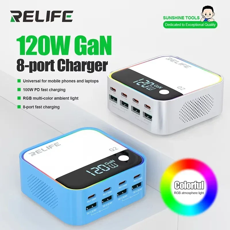 Relife Q2 120W 8-Port Gan Charger Dual PD/Dual QC/SCP s PD100W Nabíjaním Inteligentnej ochrany nabíjania pre elektronické zariadenie