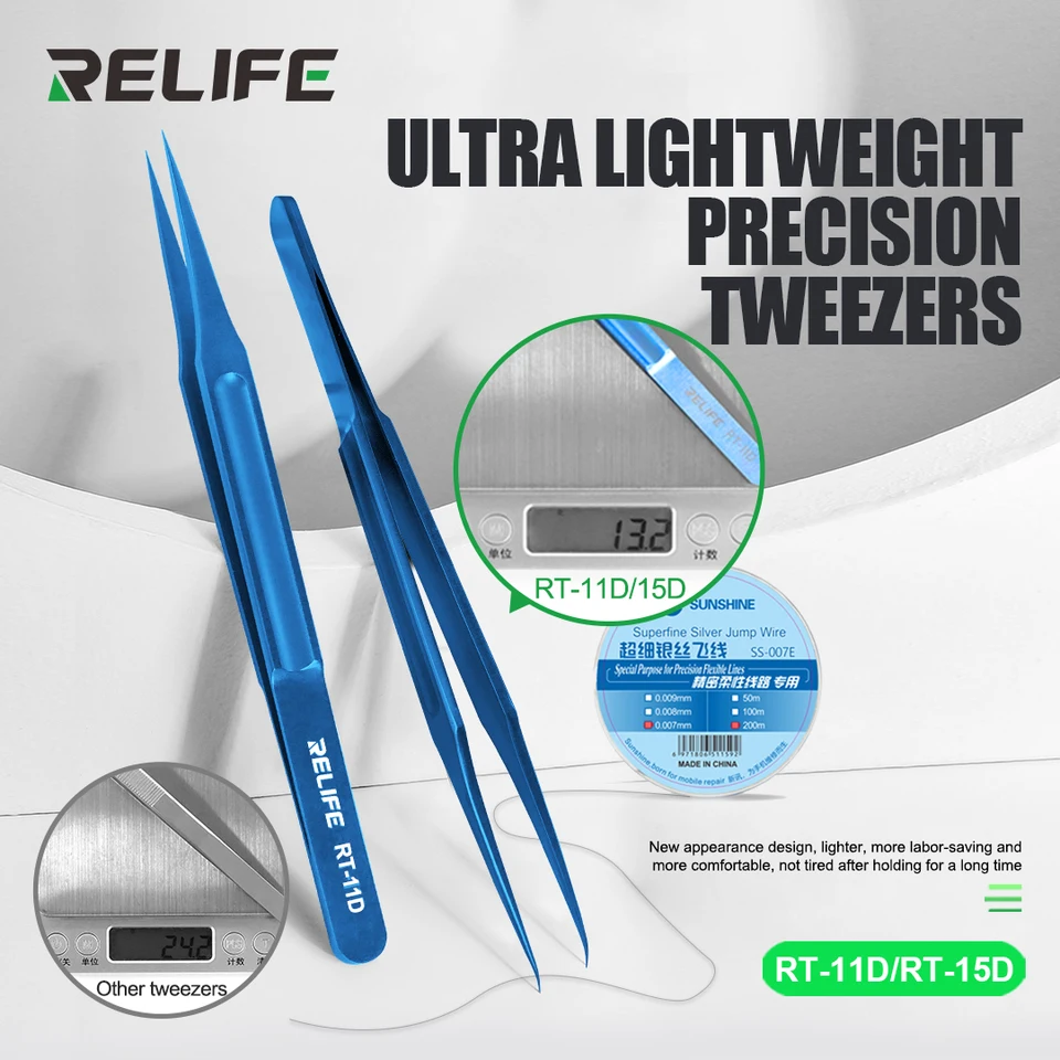 Relife RT-11D/RT-15D TWEEZERS Titán zliatiny Material Tilezéry Údržba Nástroje Presná zakrivená priama pinzety Opravy Nástroj na opravu