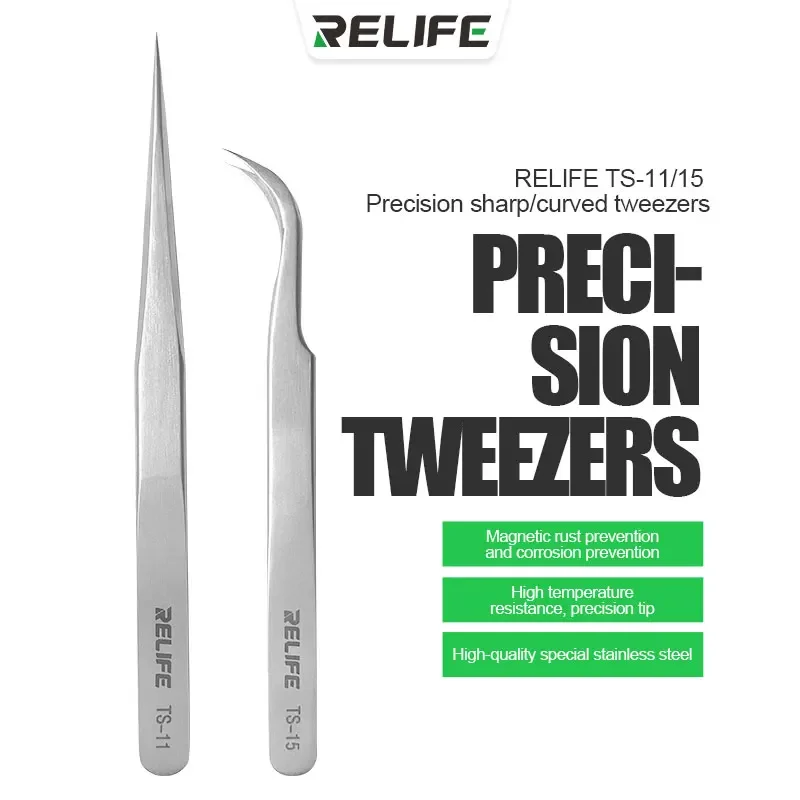 Relife TS-11 TS-15 Vysoká tvrdosť údržba TWEEZERS Ant-Static Rovné zakrivený telefón CPU IC OPRAVNÉ KLIPS
