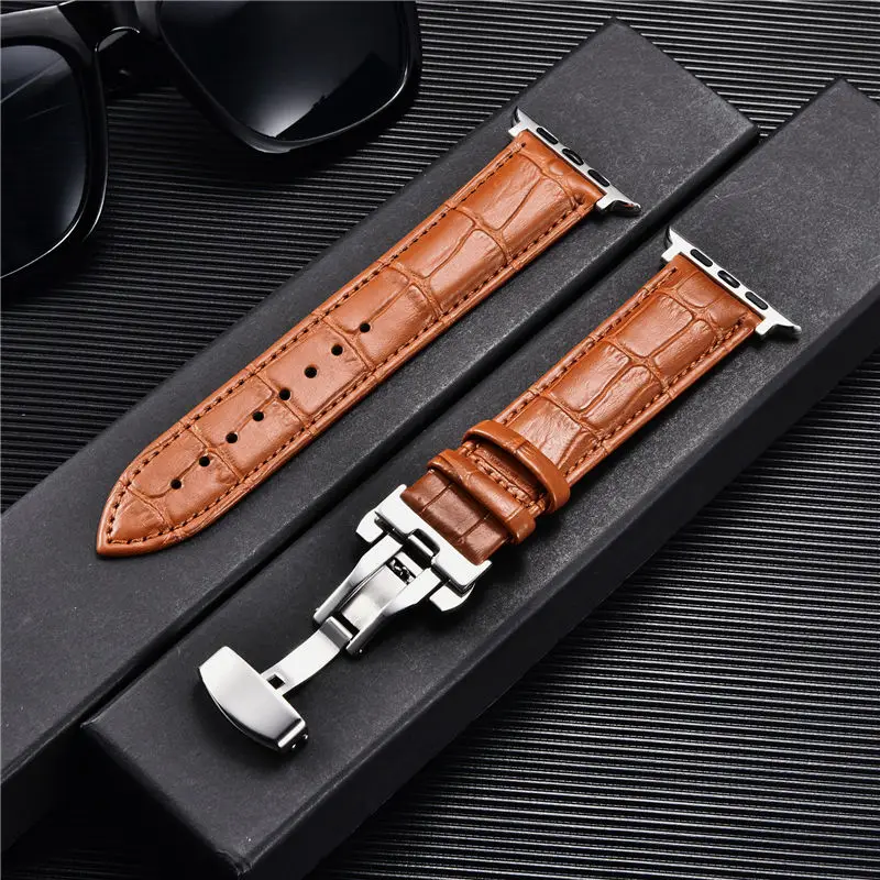 Reliéfne bambusové vzorové kožené popruhy pre Apple Watch Ultra 8 7 6 5 4 3 2 SE Butterfly Buckle 38 40 41 42 44 45 49 mm hodinky