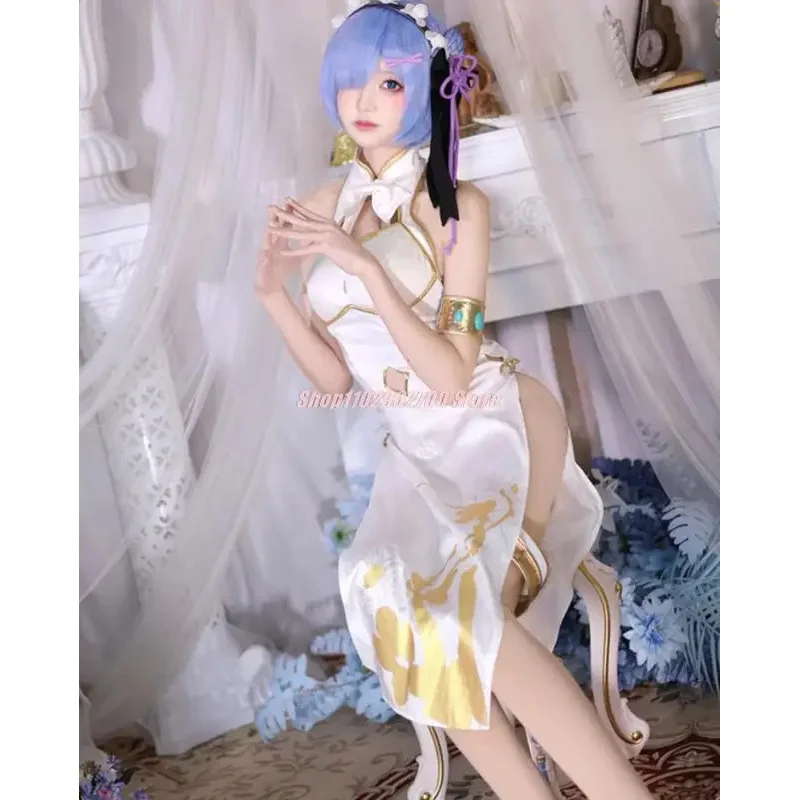 REM COSPlay Anime RE ZERO REM GLETEFFULNÁ Krása Cheongsam kostým Re: Začiatok života v inom svete Fanchá čínske šaty parochňa