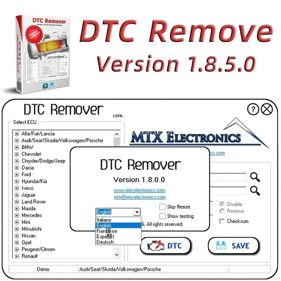 Remover DTC 1.8.5.0 s Keygen +9 Extra ladiaci softvér ECU ECU plný pre KESS KTAG FGTECH OBD2 Softvér MTX DTC Remover