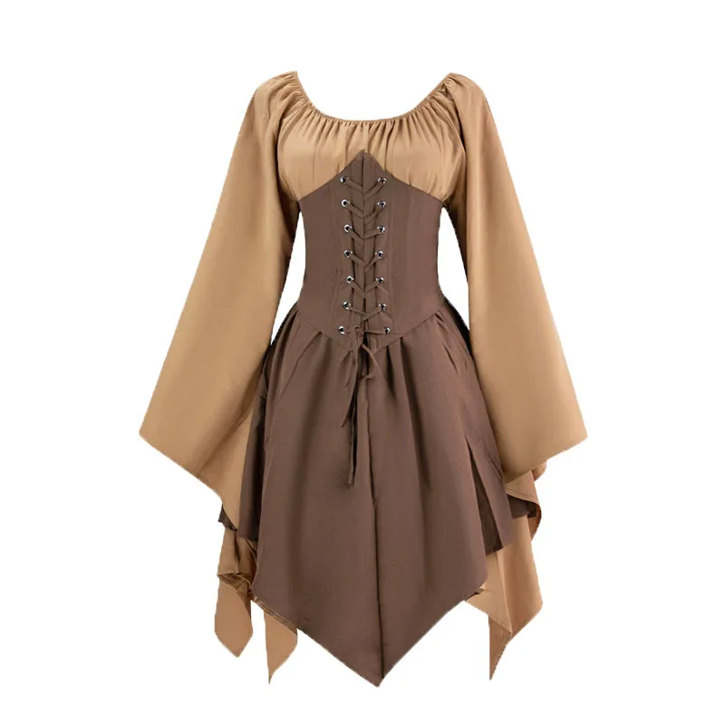 Renaissance Vintage Palace Victoria Stredoveké kostýmy Ženy Halloween Cosplay Flare Rukáv Bandage Patchwork Patchwork Dress