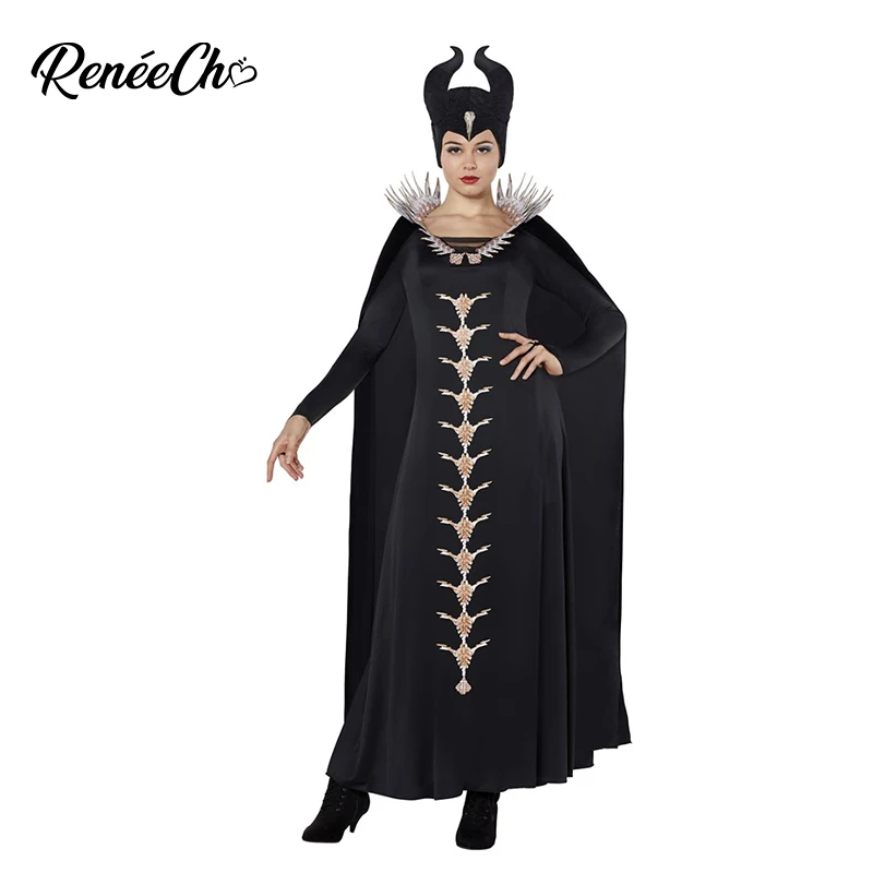 Reneecho Ženy Maleficent kostým zlo čarodejnica cosplay outfit outfit čierne šaty halloween karneval party purim luxusné šaty
