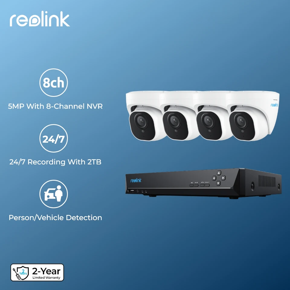 Reolink 5MP kamerový systém Detekcia ľudských automobilov 8ch Poe NVR a 4 Poe IP kamery Dome Outdoor Video Durveillance Kit RLK8-520D4-A