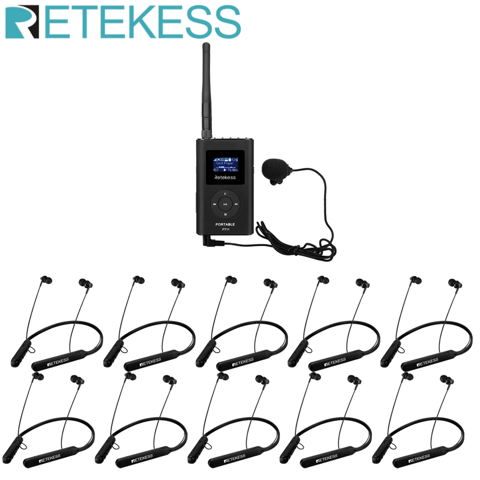 Retekess 1 fm vysielač FT11+10ks FM Radio prijímač TR108 Bluetooth Sport slúchadlá na vedenie tréningu kostola