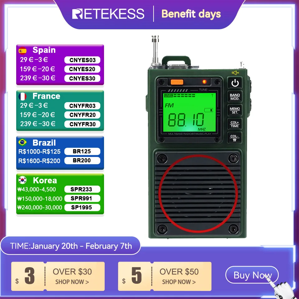 Retekess TR111 Radio FM prenosné rádiá AM FM MINI HAM RÁDION RÁDVOSŤ Núdzové amatérske rádio Radio Multiband SW VHF WB Alarm Alarm Glock