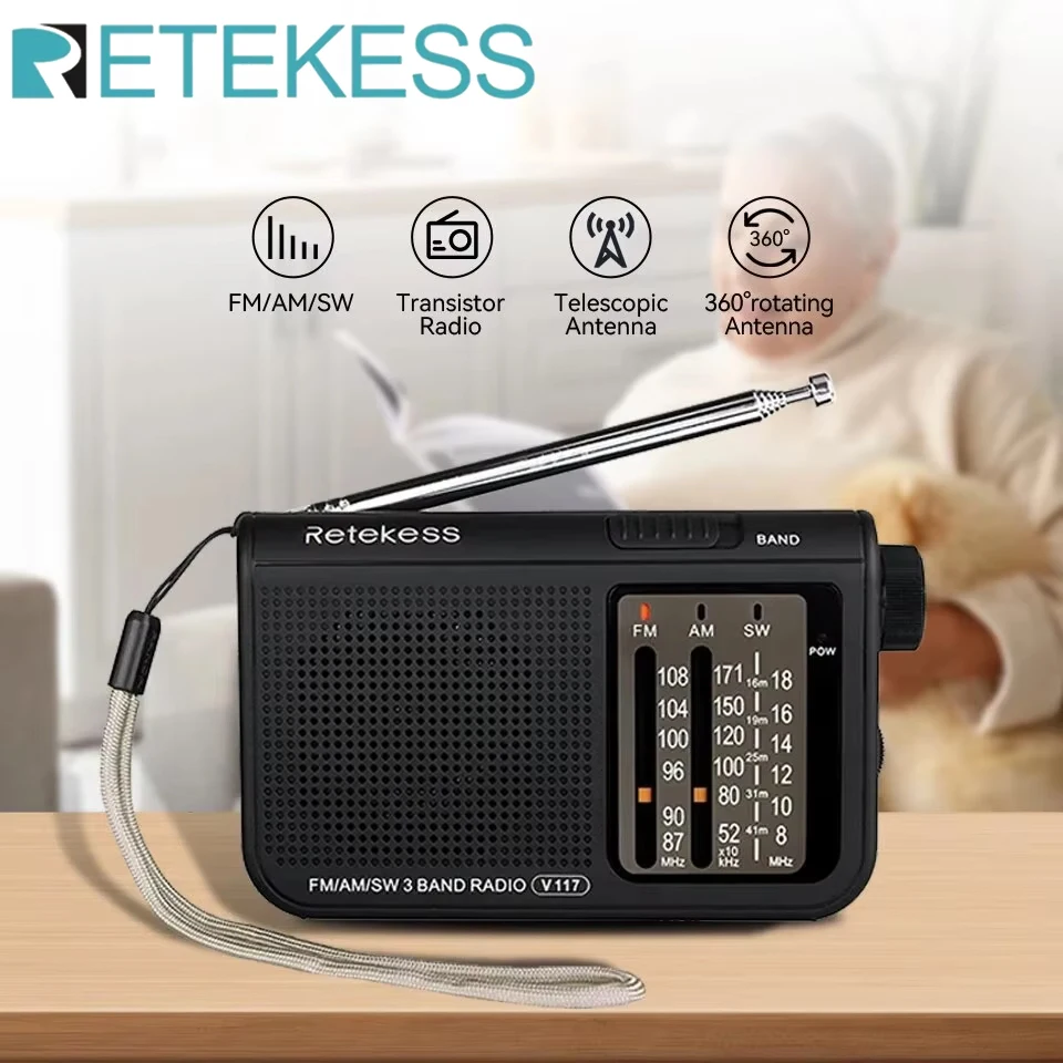 Retekess v117 Analog AM FM Radiak ABS Materiál Krátky vlnové rádio s teleskopickými veľkými gombíkmi, ktoré sú ideálne pre vnútorné a senior