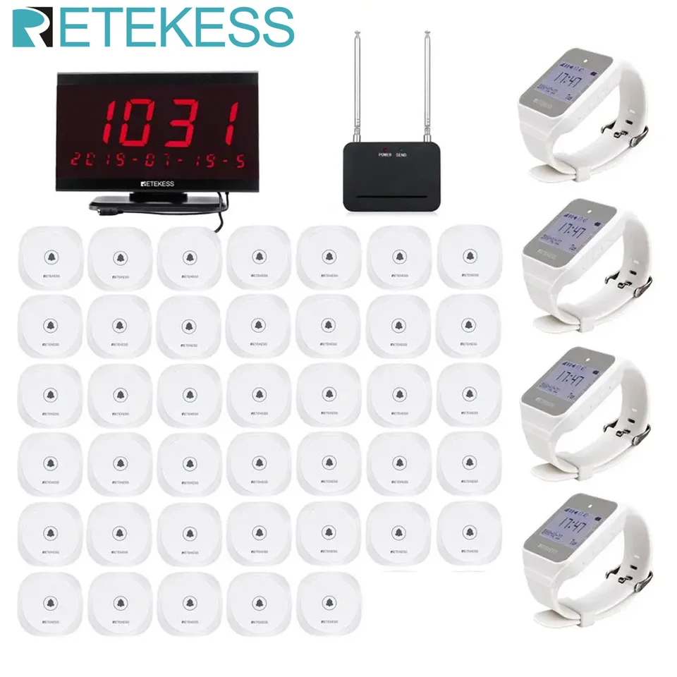 Retekess Wireless Waither Restaurant Pager 40 TD017 tlačidlo hovoru+4 TD108 Watch Prijímač+hostiteľ prijímača+opakovač zosilňovača signálu