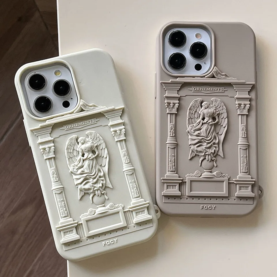 Retro 3D anjelské krídla socha rímsky stĺpec Púzdro pre iPhone 15 Pro 13 14 12 Pro Max Pase Soft Silikone Ochranný zadný kryt