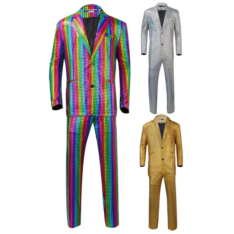 Retro 70. roky 80. roky disco tanec cosplay fantasy mužov kostým farebný 70. roky vintage oblek Cots Pants Male Halloween Carnival Party Cloth O.
