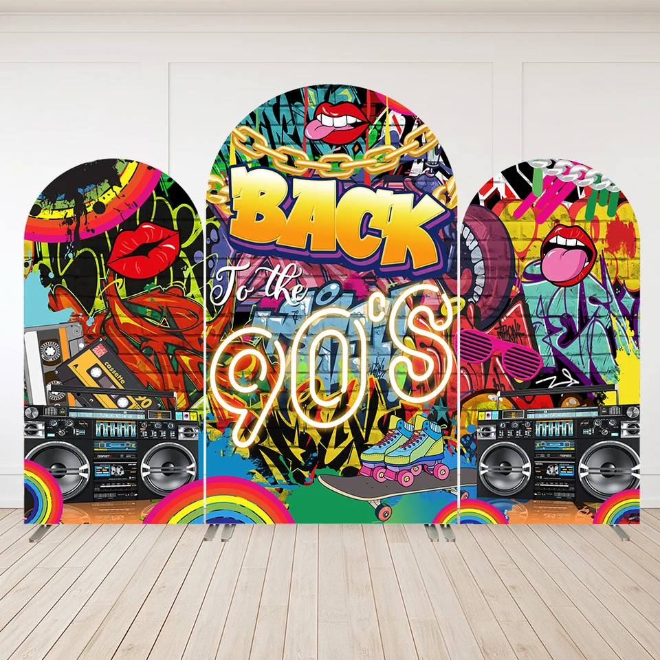 Retro 90. roky narodeninové dekorácie oblúk pozadie obalu párty banner graffiti nástenná hip hop hudba fotografia pozadie banner obojstranný