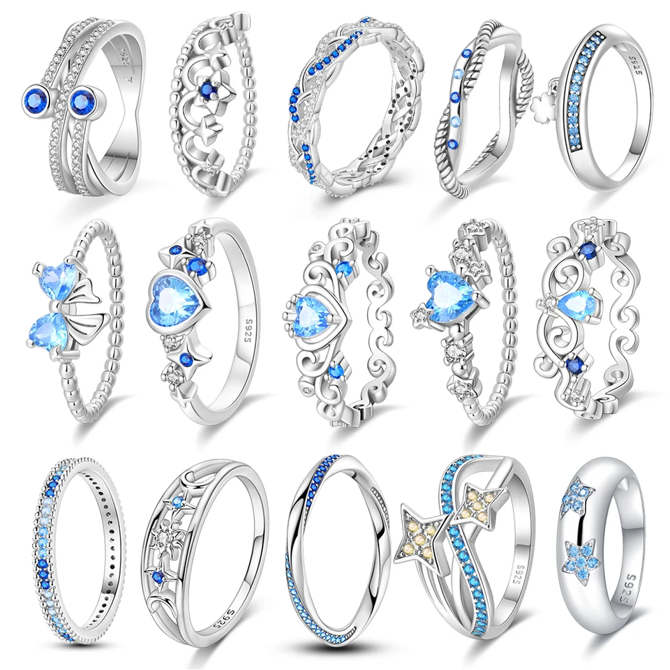 Retro 925 Sterling Silver Sapphire Heart & Crown & Star Palace Pattern Ring Romantické šperky doplnky