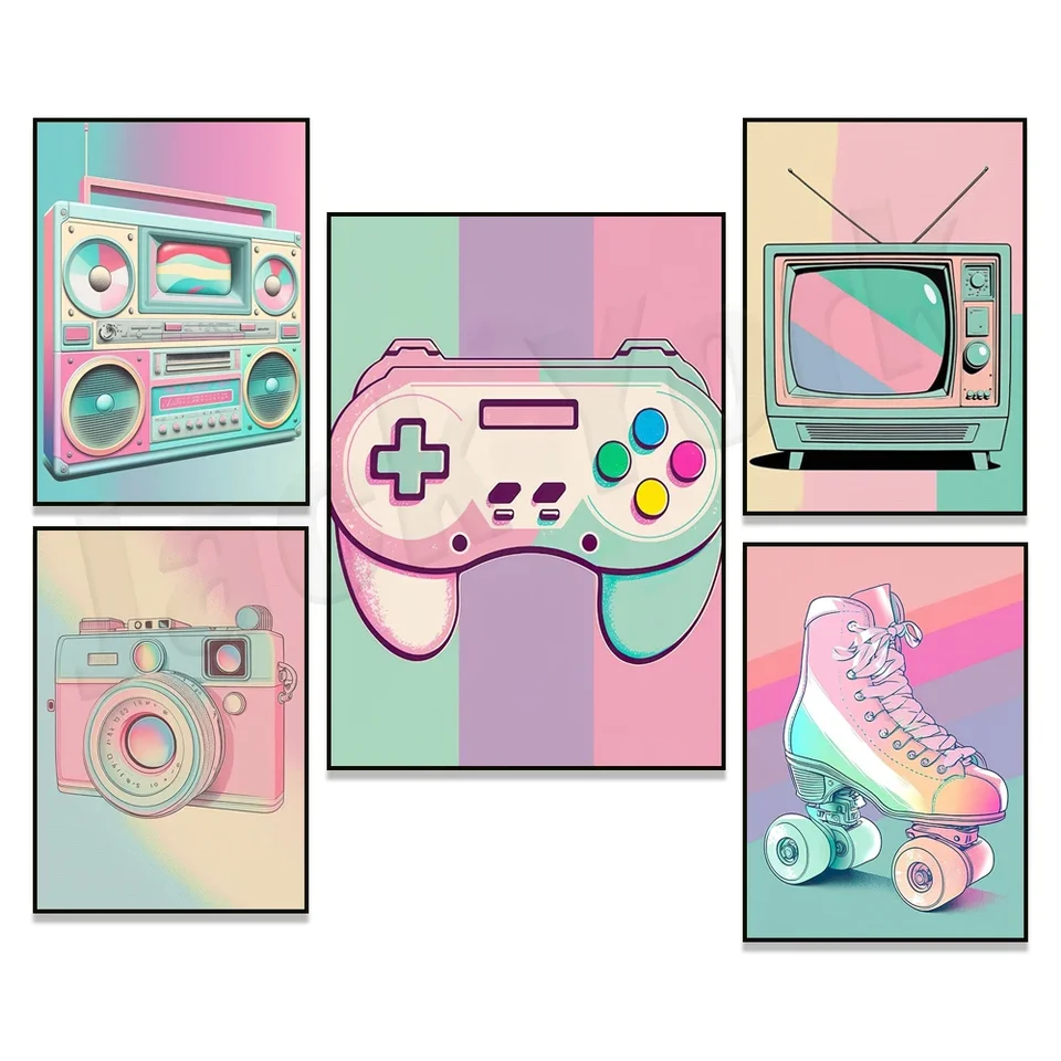 Retro Art Cool plagát, reproduktor, televízor, ovládač hier, korčule, fotoaparáty, hippie maľba maľba obývacej izby dekorácie