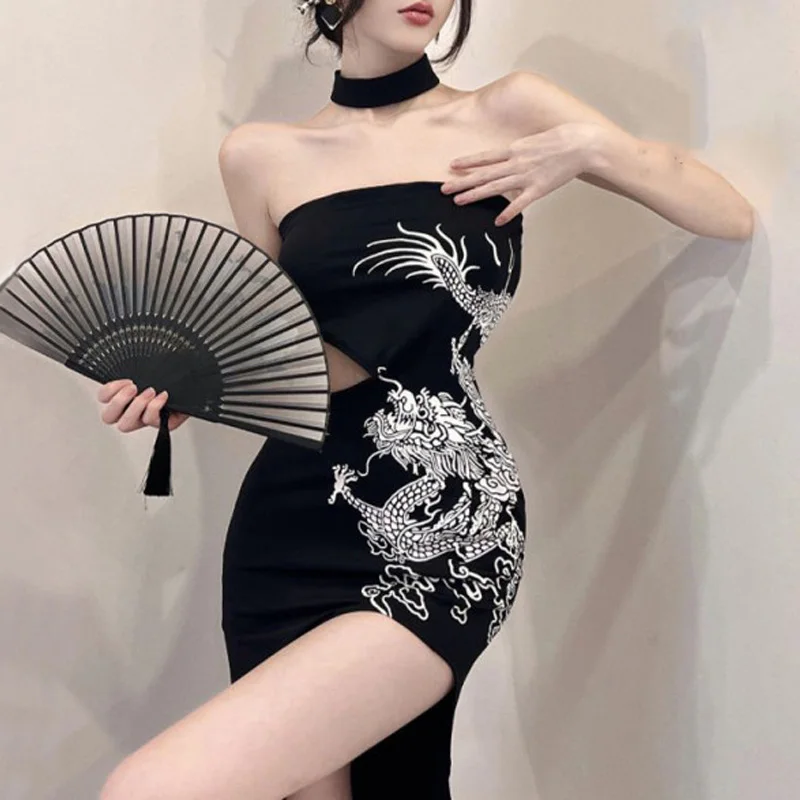 Retro bez rukávov retro dragon tlač dĺžky dlhé šaty Halter Sexy High Split Nepravidelné štíhle šaty Lady Party Club Nočné šaty