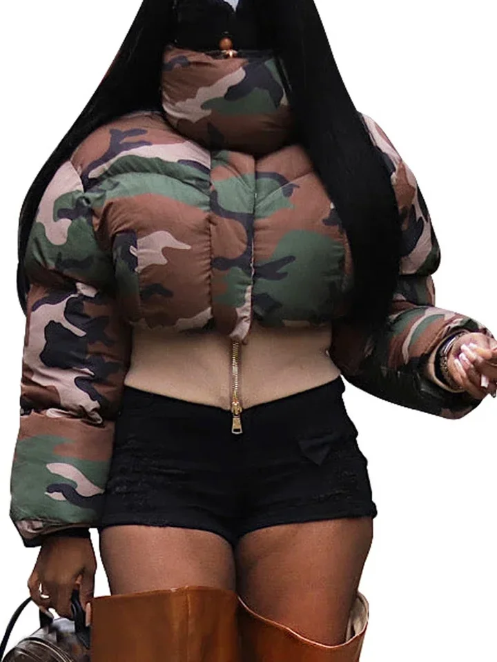 Retro camo orezané puferové bundy Ženy 2024 Zima hrubý teplý šatový golier s dlhým rukávom Bublinky