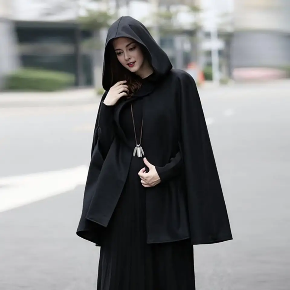 Retro Cape Bunda Stredoveké retro gotické dámske kabáty s kapucňou pre zimné teplé štýl koleno-dĺžku šál šál