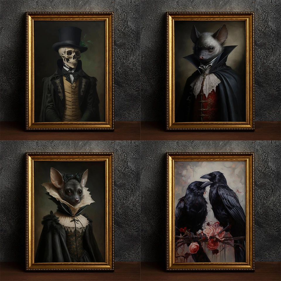 Retro crow čarodejnica netopier lebka temná akademickú obce gotický viktoriánsky štýl nástenné umenie maľba maľba plagát tlač halloween darčeky izba dekor