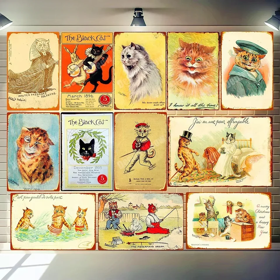 Retro cínový plagát čierna mačka značky Perzské mačacie dosky Bar pub