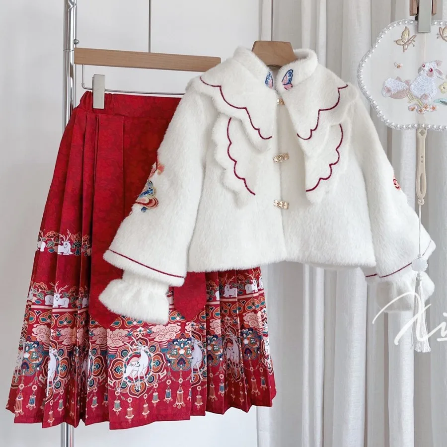 Retro deti vlnený kabát sukňa s sukňou s sukňou Moderné dievčatá čínska tradícia Hanfu Hanfu Dance Wear Deti novoročné oblečenie