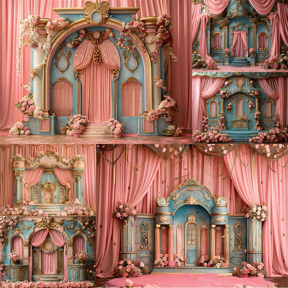 Retro divadlo Photography Pozadie ružové opona Castle Party Decorra Supplies Cake Crush Baby Shower Backdrop Studio Props