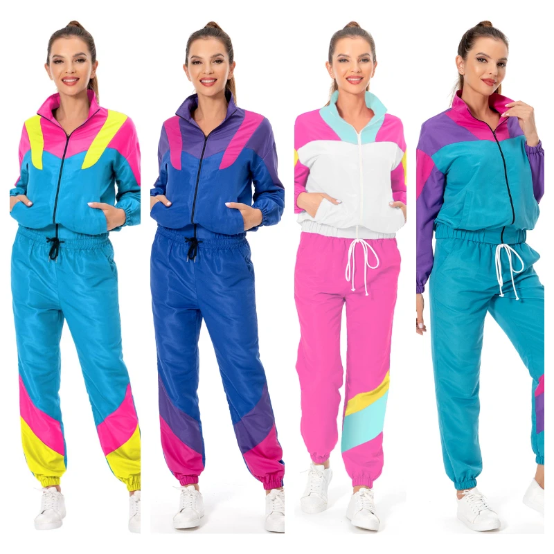 Retro dospelé ženy 80. rokov 90. rokov hippie disco bunda cosplay casy nohavice športové oblečenie kostýmy oblečenie halloween karneval