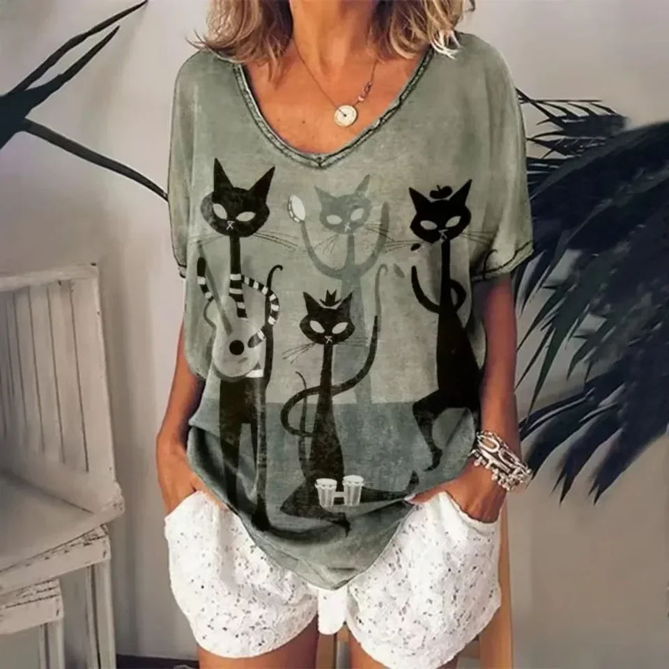 Retro dámske tričko Anime Cat Graphic Girl Clothes Summer V-krk krátky rukáv Tees Žena Harajuku Streetwear Nadmerná blúzka
