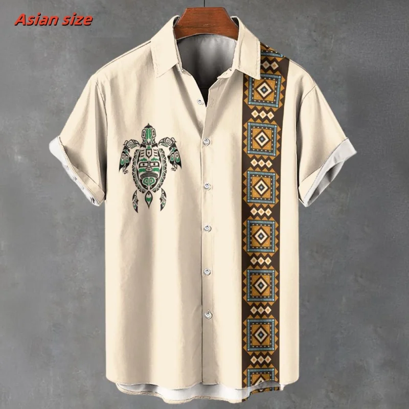 Retro etnický vzor havajský košeľa pre mužov Stripe farebný blok 3D tlač blúzky s krátkym rukávom Street Loose klopa topy aloha košele Aloha