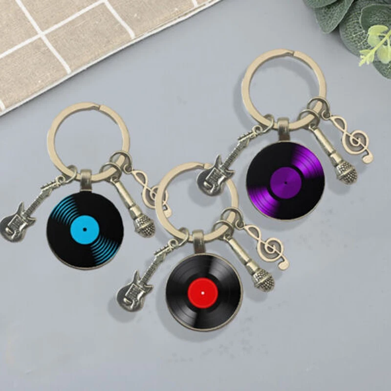 Retro fonografický záznam Dome Keychain Creative Metal Simple Classic Style Vinyl Record Gitar Microfón pre milovníkov hudby darčeky