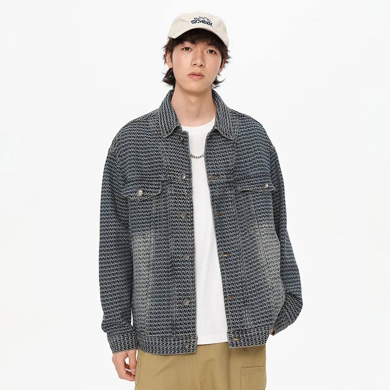 Retro Jacquard Techniky vymyté denim bunda Men 2024 Jeseň móda High End Tirkt Loose Lafled Lafet Last Y2K oblečenie