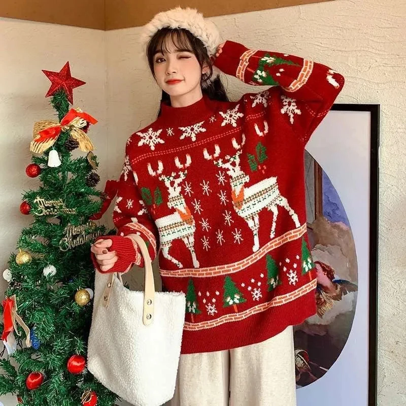 Retro jacquard červené vianočné svetre Ženy padajú zima voľný hustý teplý jumper harajuku páry pletené polovičné rolák
