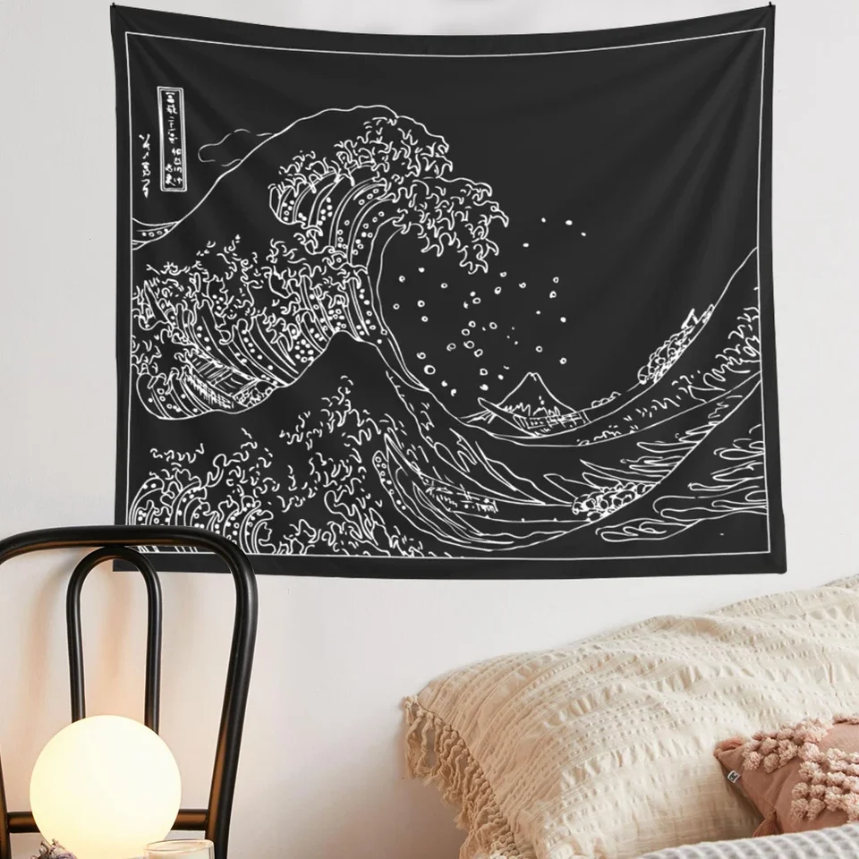 Retro japonská kanagawa vlna čierna a biela stena závesné tapisérie japonské tapestrusurfing steny zavesenie art