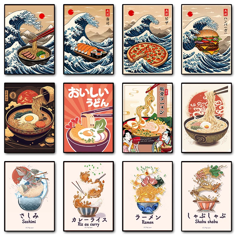 Retro japonské kuchynské jedlo Funny ramen sushi sashimi ilustrácia plagát plagát maľba nástenné umelecké obrázky domáci obchod dekor