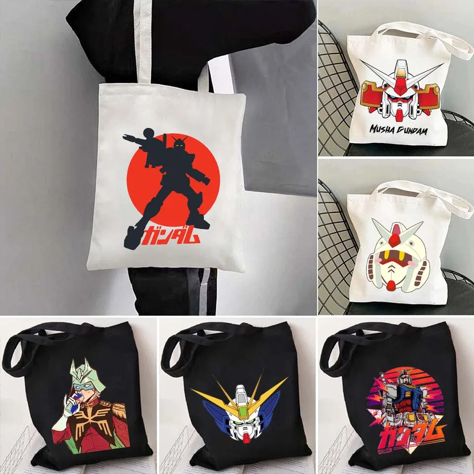 Retro karikatúra robotické krídlo Gundam hlava Barbatos mobilný oblek monštrum lovec chibi nakupujúci plátno totes taška na bavlnu nakupovanie kabelky