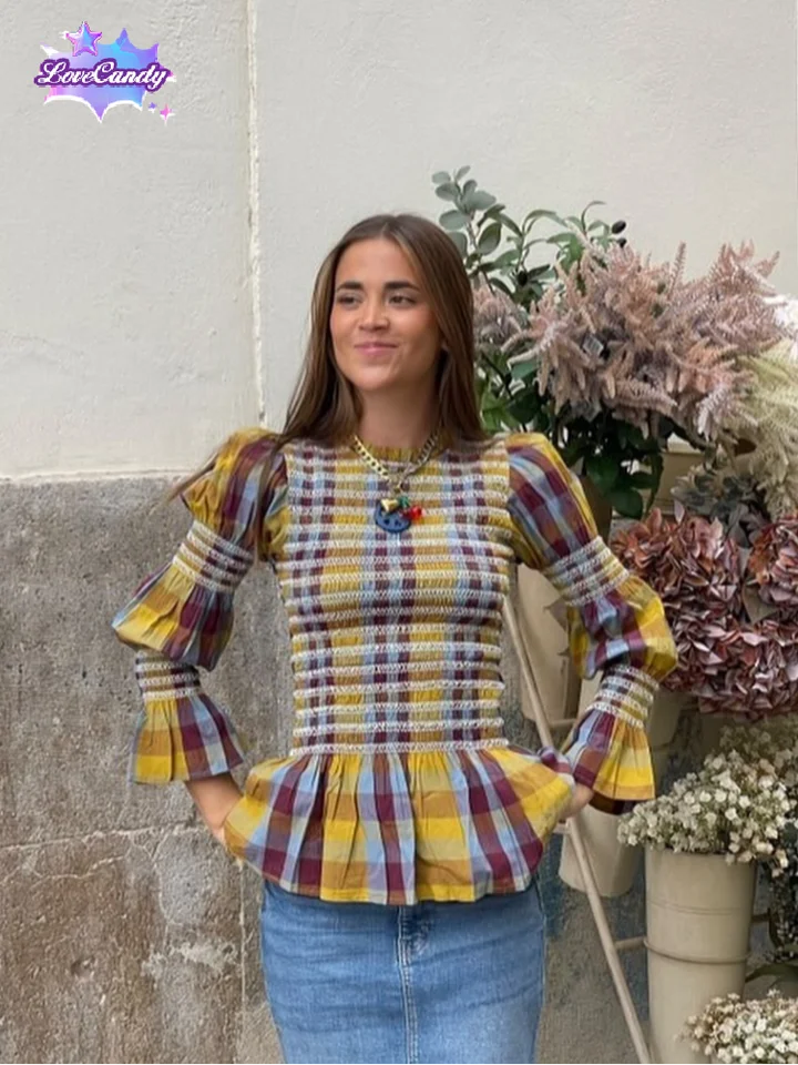 Retro kontrast na kockované dámske dámske tričko Chic Round Golla Puff Dlhý rukáv Krátke vrcholy 2025 jar nová dáma dochádzanie na streetwear