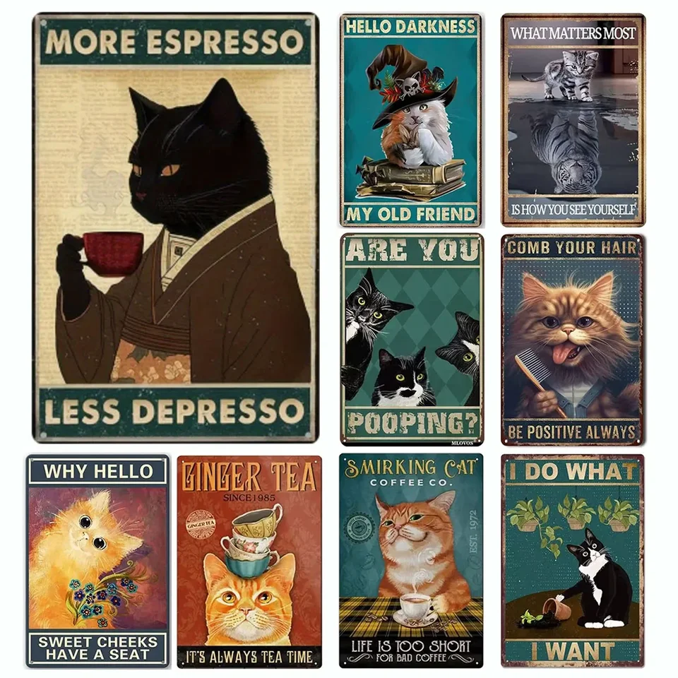 Retro kovová plechová značka 5,5 x 8 palcov, viac espressa menej depresso plagát Pitie plagátu Plagát Lover Girder Funny Black Cat Wall Art