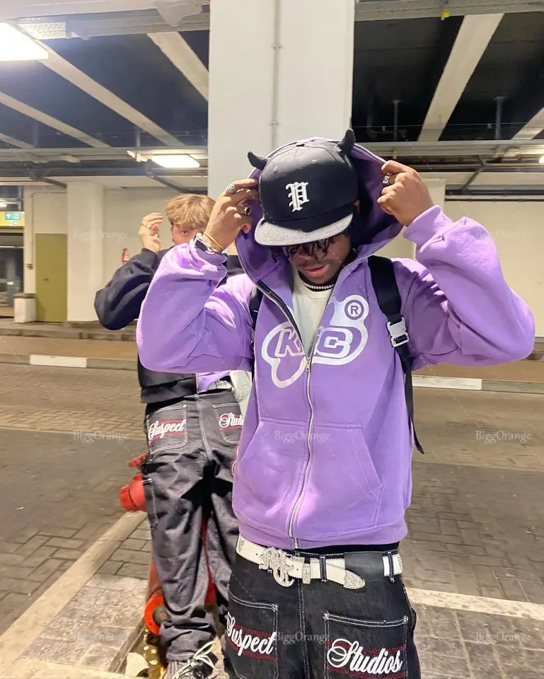 Retro lista tlačí mikina zips American Purple Streetwear Príležitostné oblečenie Hip Hop High Street Nadmerná nadmerná mikiny mikiny voľný kabát