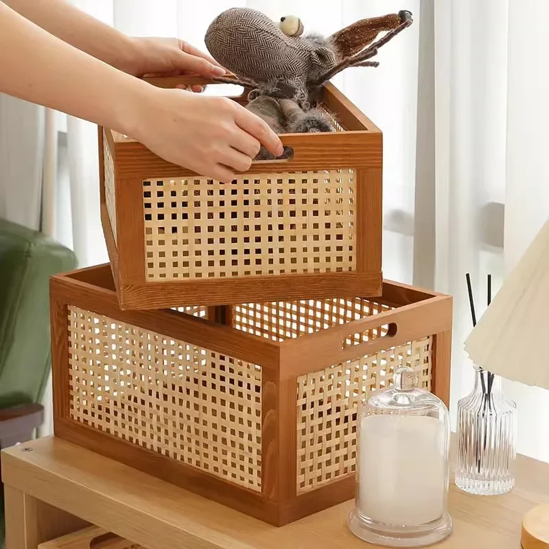 Retro masívne drevo úložná skrinka Desktop Rattan Basket Book Snacks ovocná kozmetika Organizátor krabičky Domáce kúpeľňa kuchynský kôš