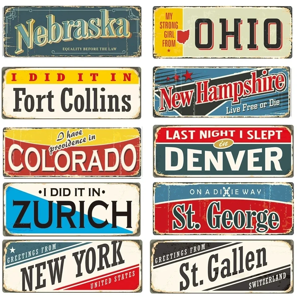 Retro mesto Názov kovové plechové značenie tanier retro Manchester New York Zurich Texas Ohio License kovové plakety Domovodný bar dekor