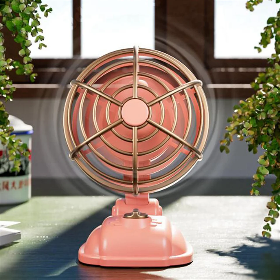 Retro mini desktopový ventilátor 400 mAh USB Nabíjateľný stôl Outdoor Desk Fan Prenosný ventilátor pre stolné plochy, ružová