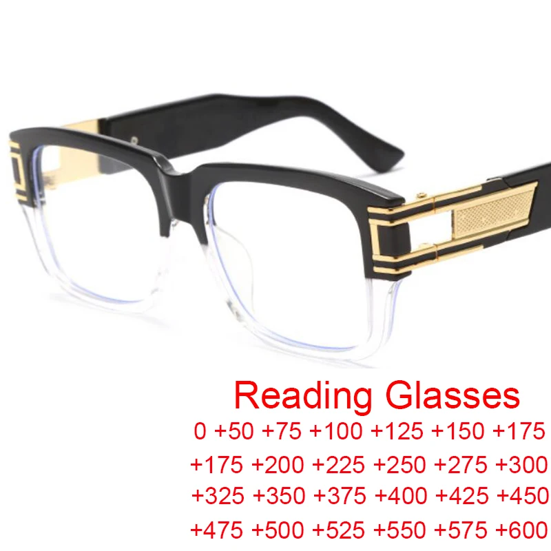 Retro mužov Gradient Čierne štvorcové okuliare Čítanie značky značky Trend Big Frame Anti Blue Light Presbyopia Presbyopia Presbyopia