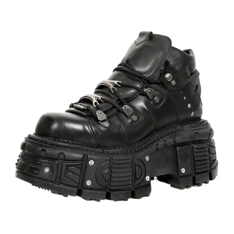 Retro mužské motocykle topánky módne punk rock okrúhle prsty kožené topánky Platforma kovová dekorácia dizajn y2k goth lebka topánky