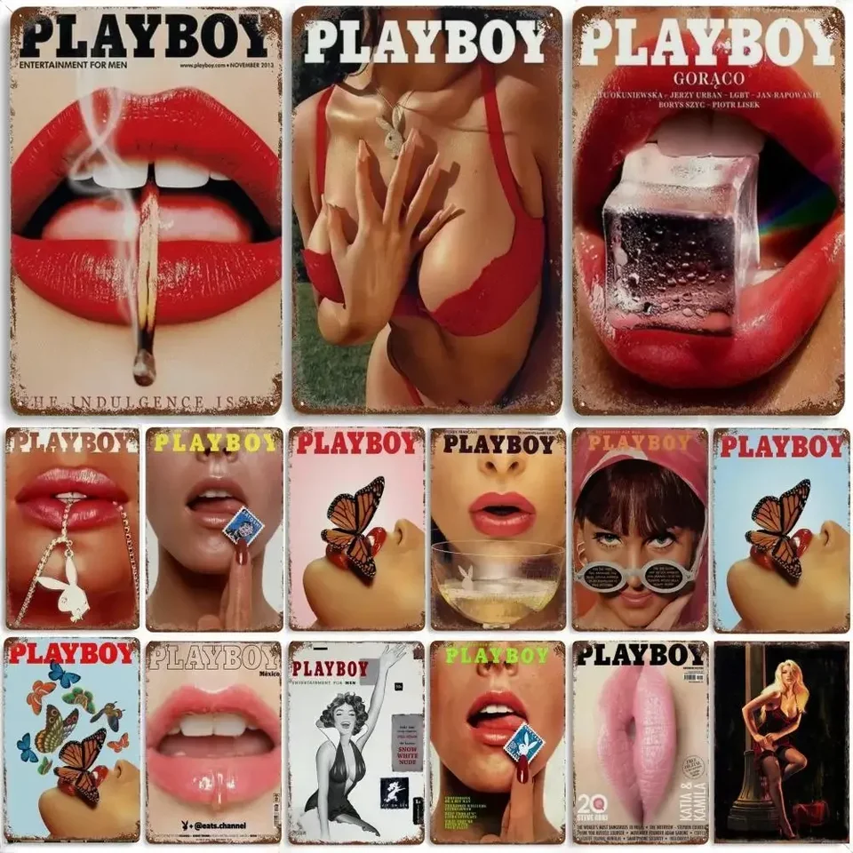 Retro módny plagát Play Boy Flowers Bunny Okuliare Butterflies Červené pery kovové plechové znamienko Pleque nástenné umenie Domov Jaskyňa